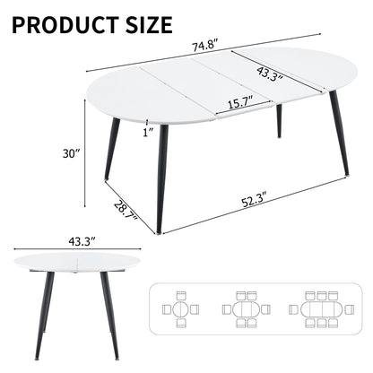 Pull table dining chair set, white medium density fiberboard tabletop with black metal table legs, extendable pull table+6 modern Mid-Century Modern Dining Chairs