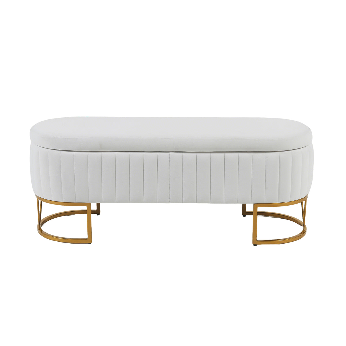 Storage Bench Bedroom Bench, Velvet Oval Upholstered End of Bed Bench with Golden Metal Legs, Modern Storage Ottoman Bench for Bedroom, Living Room, Entryway,Window,Ivory
