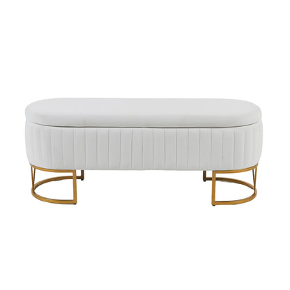 Storage Bench Bedroom Bench, Velvet Oval Upholstered End of Bed Bench with Golden Metal Legs, Modern Storage Ottoman Bench for Bedroom, Living Room, Entryway,Window,Ivory