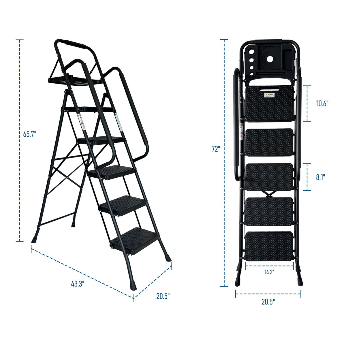 Step Ladder, Folding Step Stool with Wide Anti-Slip Pedal, Sturdy Steel Ladder, Convenient Handrail, Lightweight, Portable Steel Step Stool