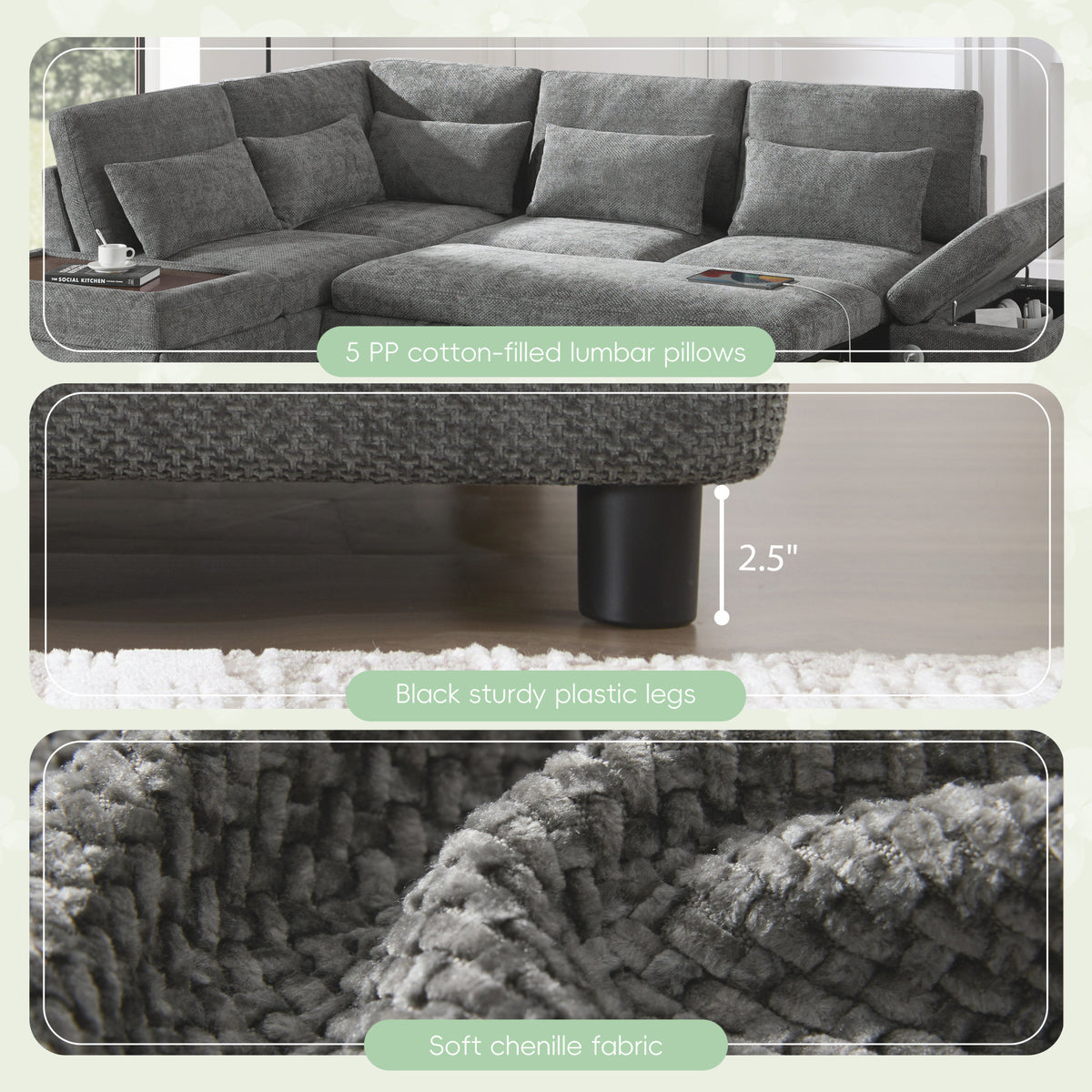 [VIDEO]107'' Sectional Sleeper Sofa Bed with Pull Out Couch, L-shaped with Adjustable Armrest, USB&Type-C Charging