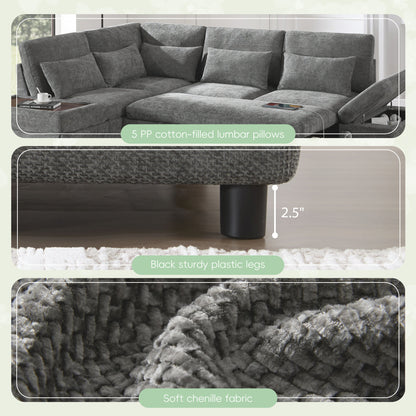 [VIDEO]107'' Sectional Sleeper Sofa Bed with Pull Out Couch, L-shaped with Adjustable Armrest, USB&Type-C Charging