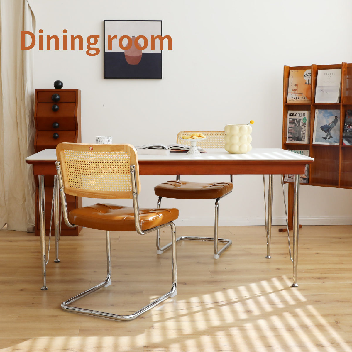 Dining Chairs Set of 2, Faux Leather Rattan Side Accent Chairs with Chrome Legs, Modern Mid Century Breuer Designed Chairs