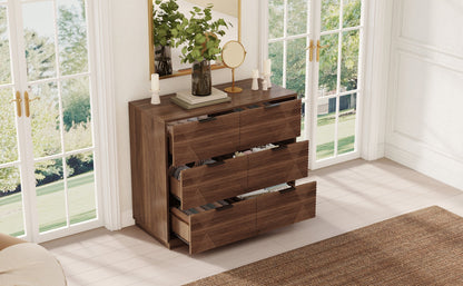 Modern Walnut Dresser with 6 Drawers, Mid Century 3D Geometric Wood Chest of Drawers, Large Storage Cabinet for Bedroom, Living Room & Entryway