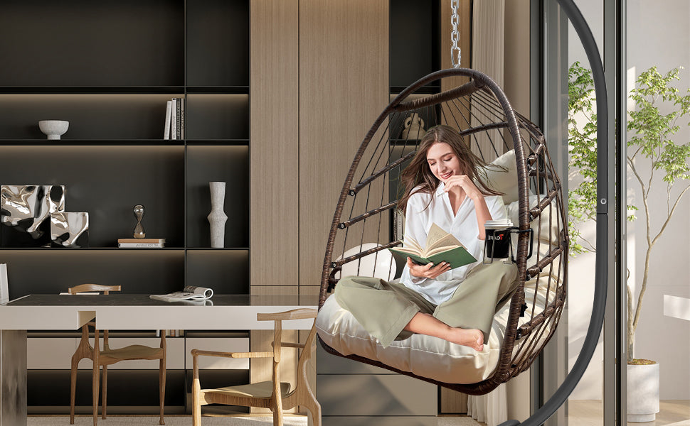 W2707P184371 Khaki Hanging Swing Egg Chair, Indoor Outdoor Anti-Aging Resin Wicker Hammock Chair with Removable Guardrail, Cup Holder, UV Resistant Thick Cushion, Foldable Lounge Chair, 350lbs Capacit