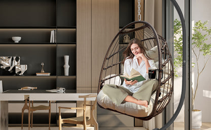 W2707P184371 Khaki Hanging Swing Egg Chair, Indoor Outdoor Anti-Aging Resin Wicker Hammock Chair with Removable Guardrail, Cup Holder, UV Resistant Thick Cushion, Foldable Lounge Chair, 350lbs Capacit