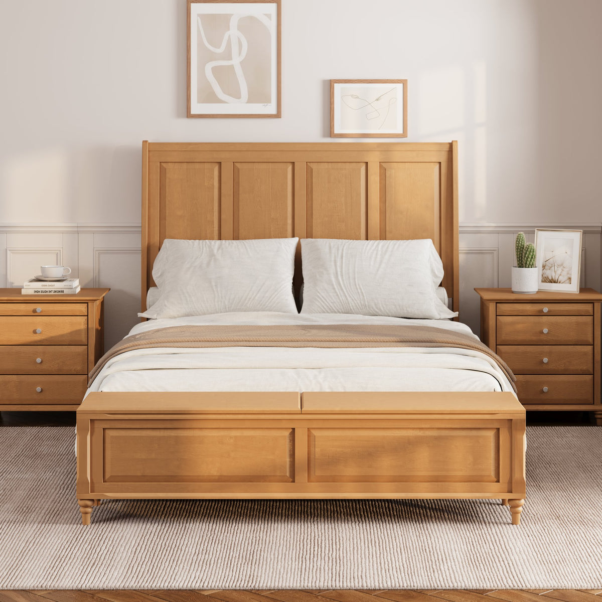 Queen Bed Frame with Tall Headboard and Storage Bench,Soild Wood Sleigh Bed with 64" Storage Chest,No Box Spring Needed, Natural