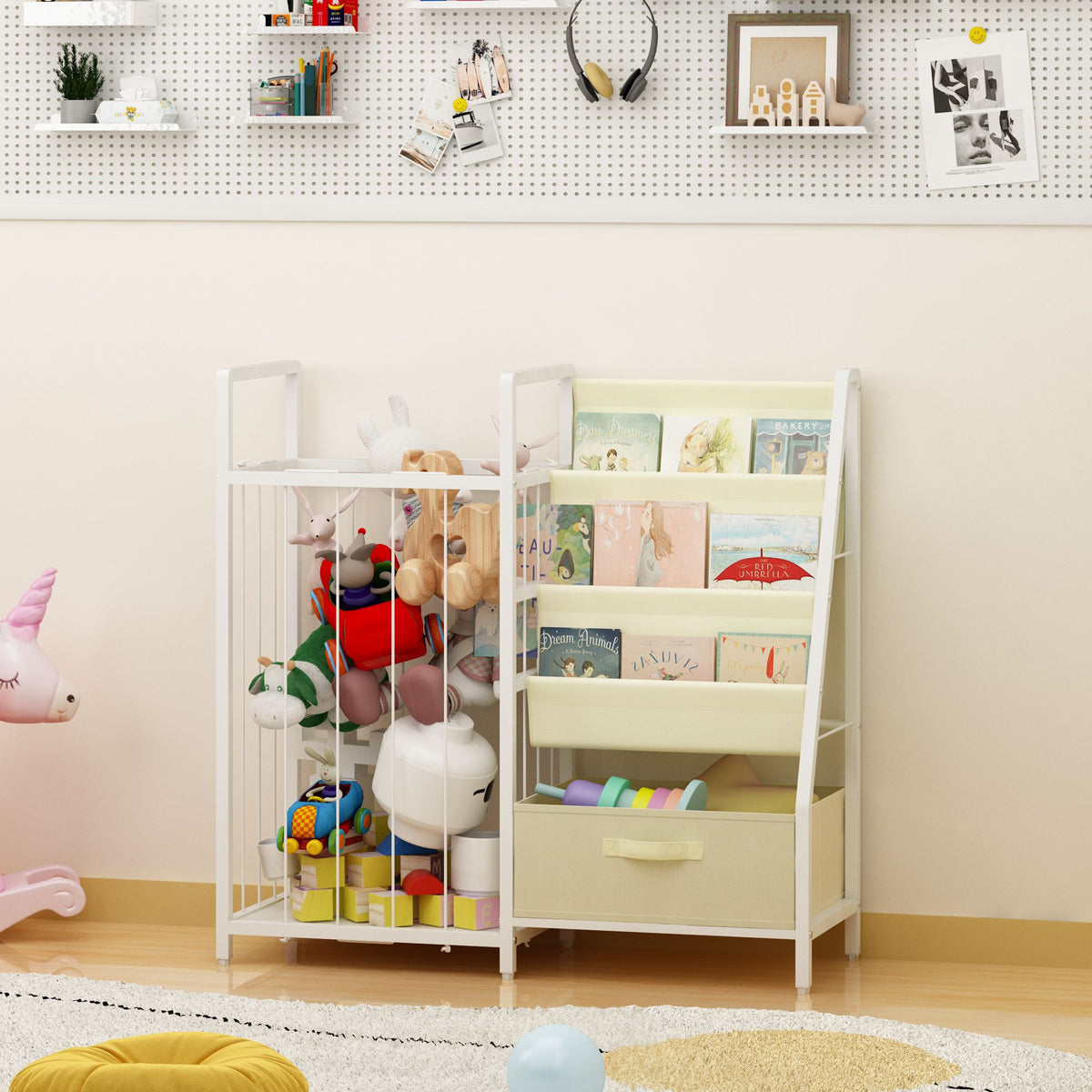 Kids Bookshelf and Toy Storage Organizer, Dual-Sided Children Bookshelf with Figure Display Storage and Book Sling Pockets, Toy Organizer for Playroom, Bedroom and Nursery