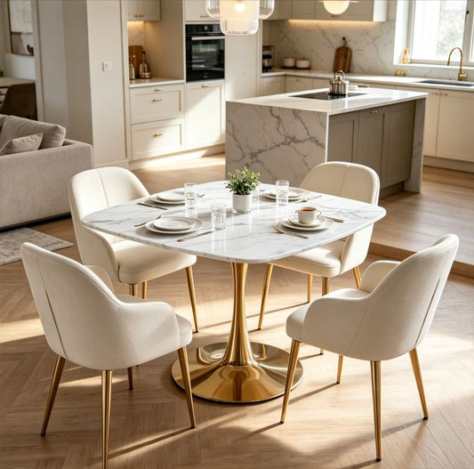 Modern Square Tulip Dining Table for 2-3 People, White Marble MDF Top with Metal Pedestal Base, 42.12' Small Kitchen Table for Apartment, Bistro, Cafe, Office & Living Room