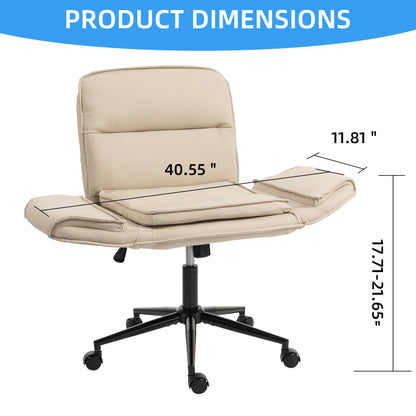 Criss Cross Chair with 5-Gear Adjustable Armrests & Wheels, Ergonomic Thickened Backrest Swivel Desk Chair for Home Office, Vanity, Bedroom and Living Room, Beige Pu