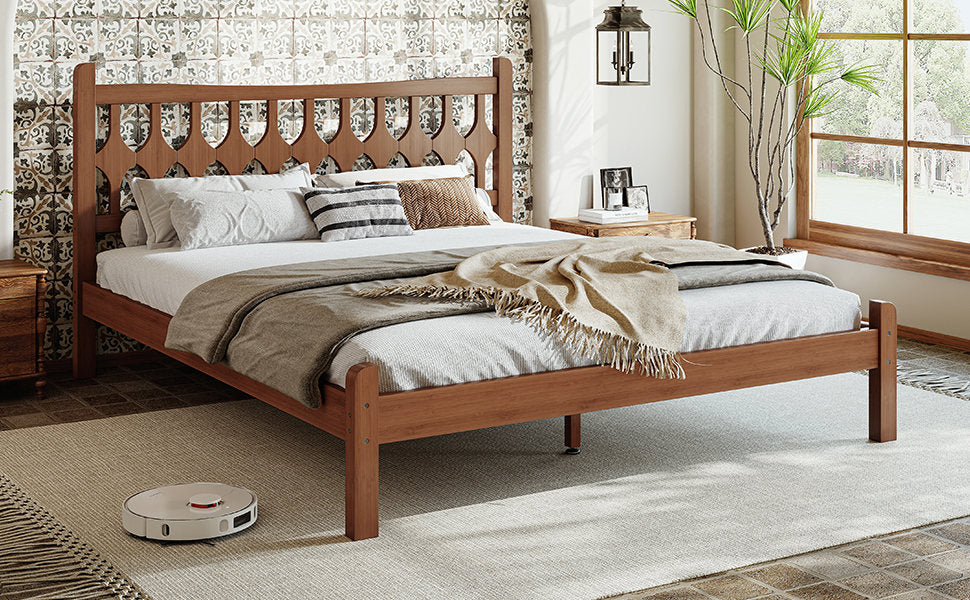 Queen Size Bamboo Platform Bed with Diamond-shaped headboard, Solid Bamboo-made Bed Frame with Support Slats, for Bedroom, Guest Rooms, Brown
