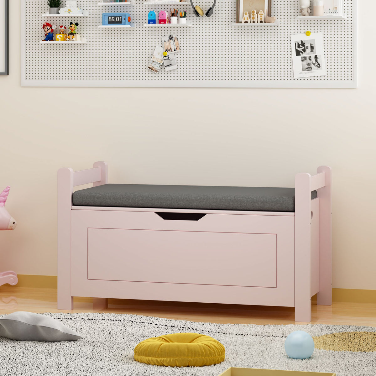 Kids Toy Box Chest for Boys Girls, Large Storage Cabinet with Cushion Seat Bench/ Flip-Top Lid/ Safety Hinge, Toy Storage Organizer Trunk for Nursery, Playroom (Pink)