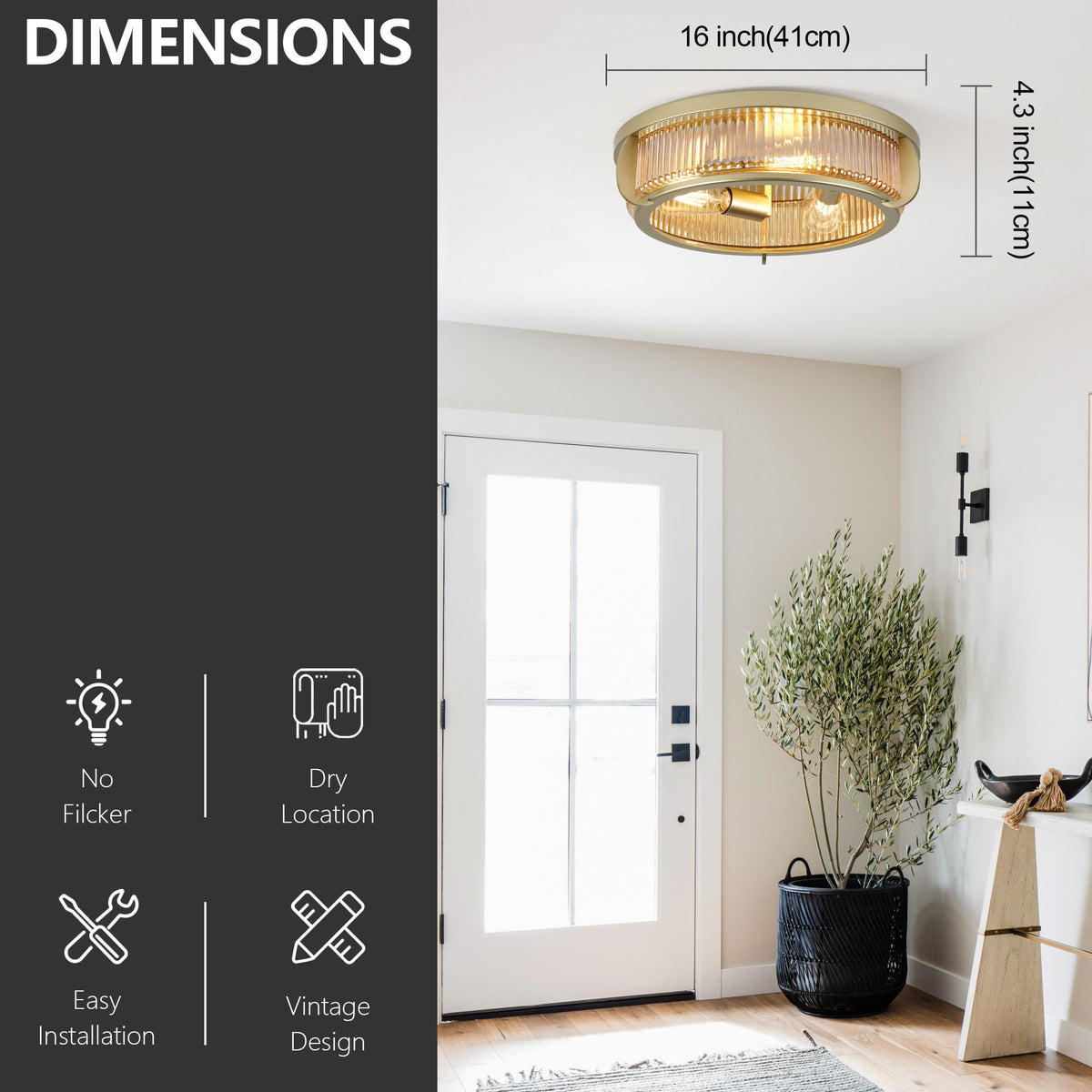 16.14" Flush Mount Ceiling Light, Gold Metal Frame with Ribbed Glass Shade, 3xE26 Socket, Max 60W, Bulbs Not Included
