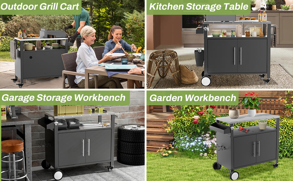 Two Doors Outdoor Grill Cart with Patio Furniture, Outdoor Grill Table with Storage,Rolling Bar Cart Outdoor BBQ Cart with  Hooks and Spice Rack for Grilling Accessories, Black