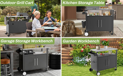 Two Doors Outdoor Grill Cart with Patio Furniture, Outdoor Grill Table with Storage,Rolling Bar Cart Outdoor BBQ Cart with  Hooks and Spice Rack for Grilling Accessories, Black