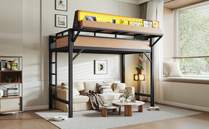 Twin XL size Loft Bed Frame with Storage Shelves and Pegboard, Metal Loft Bed with USB Ports and LED Lights, Safe and Sturdy, Natural