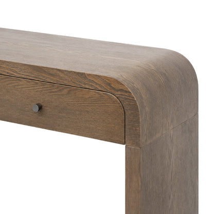 Dark Brown Curved Design 3-Drawer Long Console Table,  Entryway Sofa Table with Gold Pull Handles, Storage Accent Table for Living Room Hallway Foyer