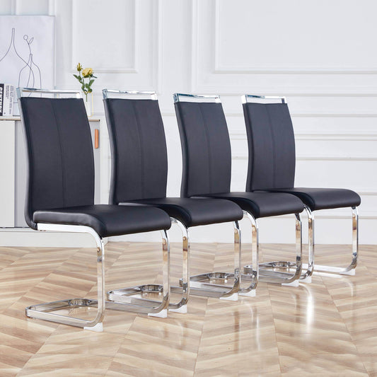 Modern Dining Chairs,PU Faux Leather High Back Upholstered Side Chair with C-shaped Tube Chrome Metal Legs for Dining Room Kitchen Vanity Patio Club Guest Office Chair (Set of 4)(Black+PU Leather)1162