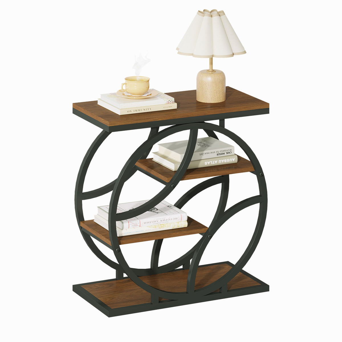 4-Tier Side Table with Storage, 25.6" Narrow End Table, Industrial Plant Stand & Nightstand, Geometric Metal Frame Accent Table for Living Room, Bedroom & Small Spaces, ( Brown)