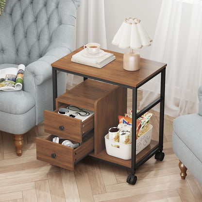End Table with Wheels & Storage Drawers, Side Table,  Nightstand, Stable Metal Frame, Wood Top, for Bedroom Kitchen Living Room and Office, 14.9"D x 23.6"W x 25.7"H