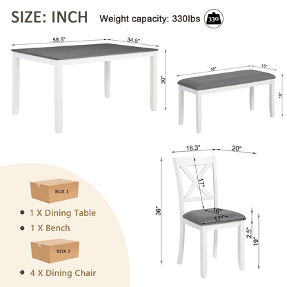 Modern 6-Piece Dining Table Set with Bench and Chairs for Dining Room or Kitchen - Grey & White Two-Tone