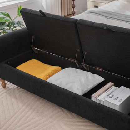 65.75" Wide Modern Upholstered  Storage Bench With Double Lids, Napped fabric Foot Stool With Rolled Armrest, Bench Daybed With Rubberwood Legs For Living Room, Entryway, Dormitory, Bedroom,Black