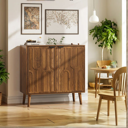 Farmhouse Style Sideboard Buffet Cabinet with Storage, Walnut Wood Coffee Bar Cabinet, 31.5" W