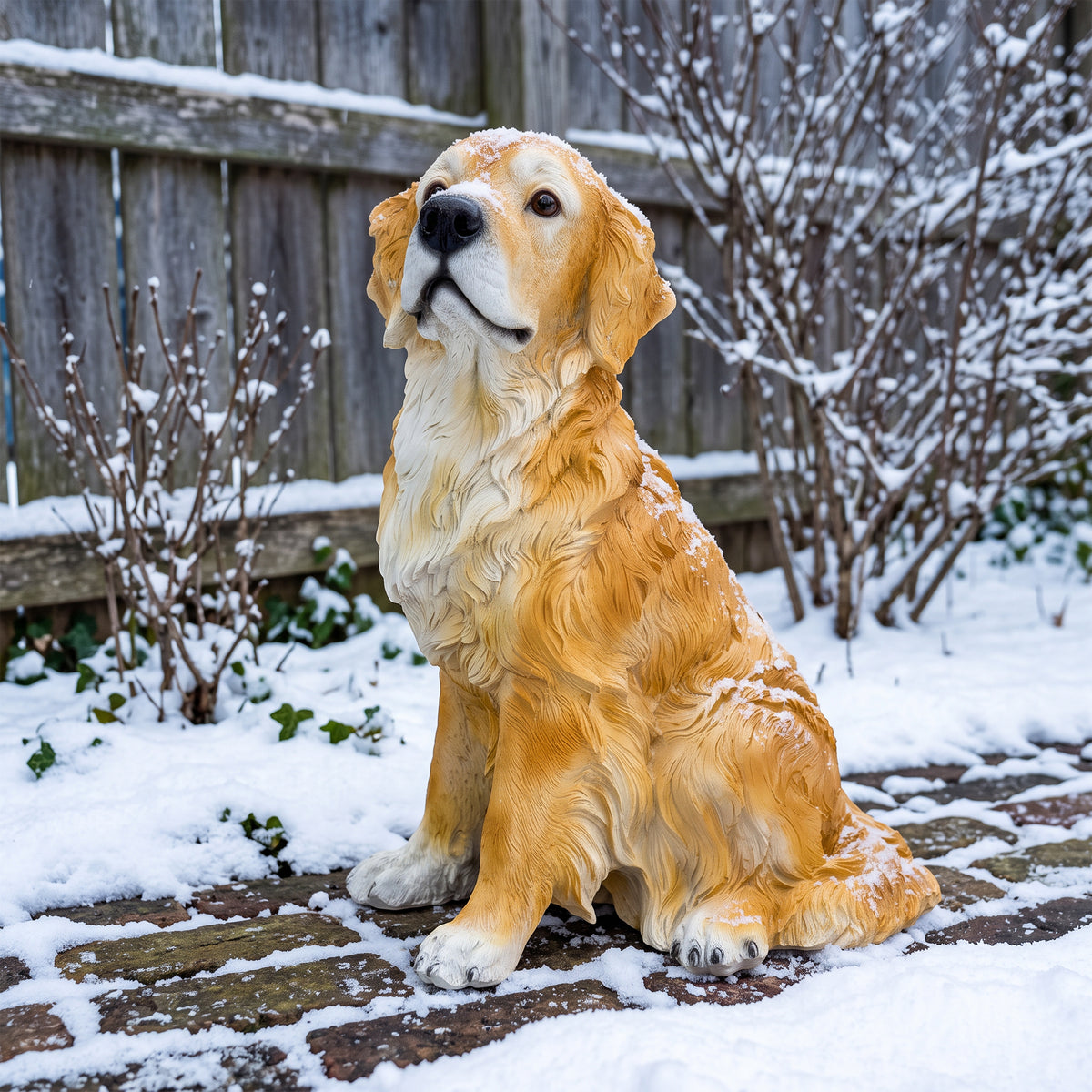 Golden Retriever Garden Statue, a lifelike earth-brown resin dog ornament, perfect for backyards, lawns, and patios.