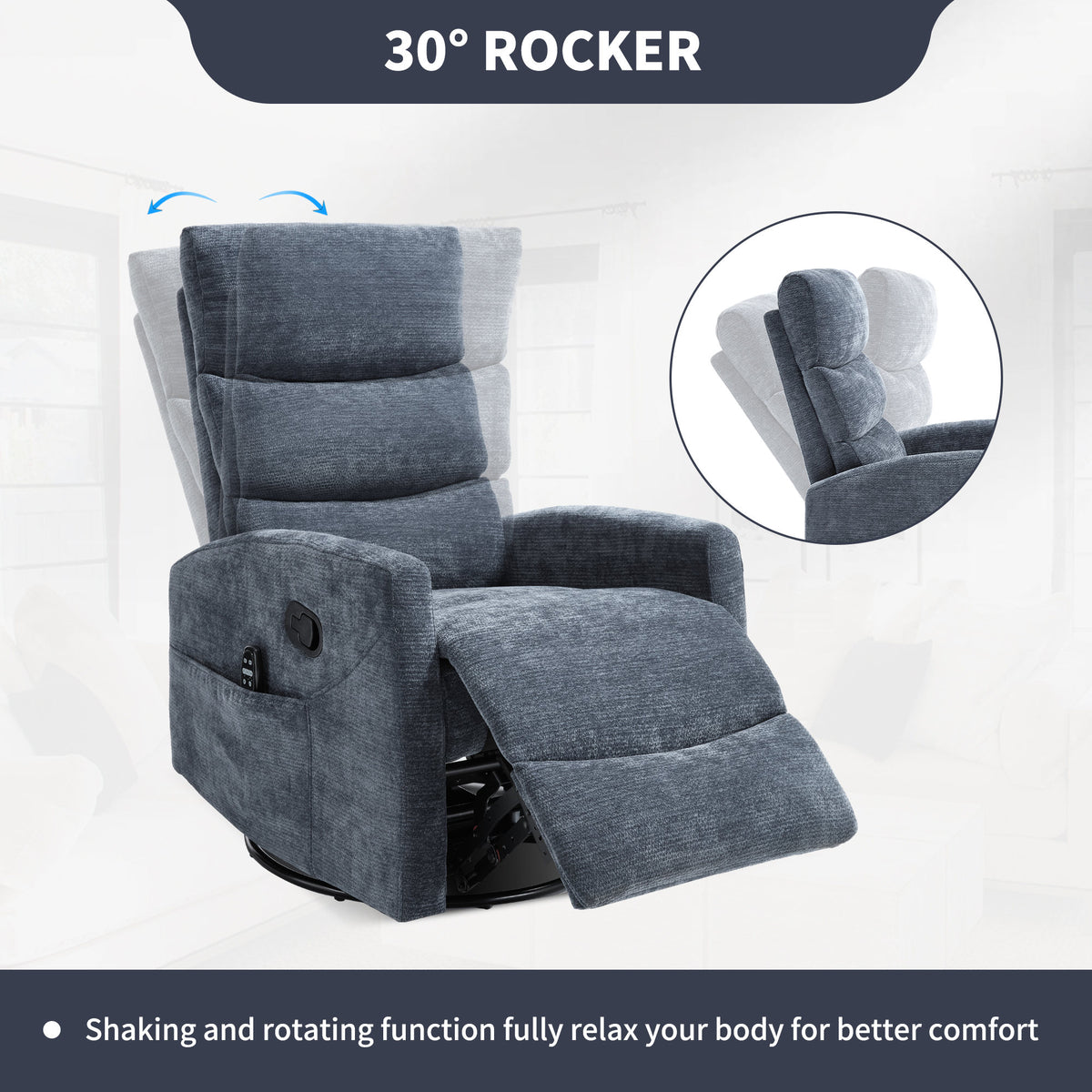 Heat Massage Manual Recliner Chair with Rocker and Swivel in Fabric, Blue – Model W3224P322248