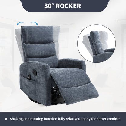 Heat Massage Manual Recliner Chair with Rocker and Swivel in Fabric, Blue – Model W3224P322248