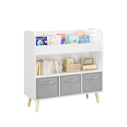 Kids Bookshelf with 3 Fabric Bins, Modern Children's Bookcase with Storage for Toys and Books, Toddler Book Organizer Shelf for Playroom, Bedroom, or Nursery, White and Gray