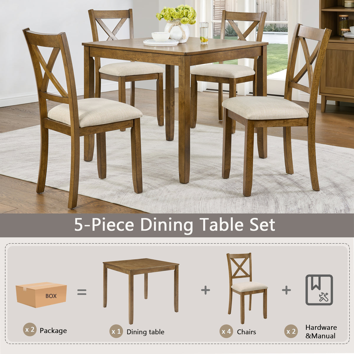 Elegant 5-Piece Oak Dining Table Set for 4 – Modern Wooden Kitchen & Dining Room Furniture with 4 Upholstered Chairs – Space-Saving Square Dining Set for Small Spaces, Living Room & Apartment