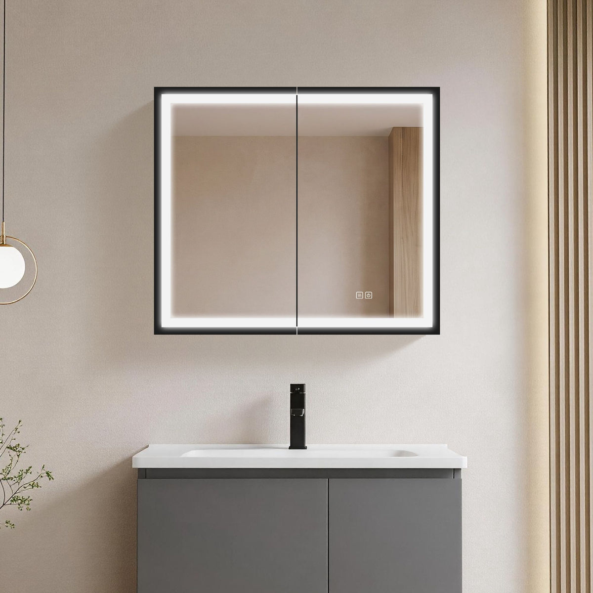 30*26 inch Black Metal Framed Wall mount LED Bathroom Medicine Cabinet with Mirror