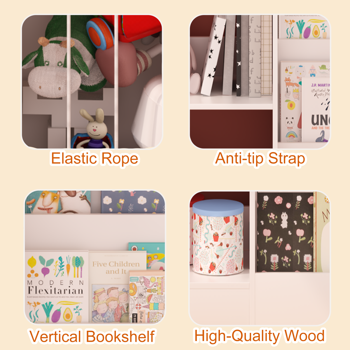 Kids Bookshelf and Toy Storage, 3-Tier Book Shelf, Sling Baby Bookcase with Stuffed Animal Storage, Toddler Montessori Bookshelf