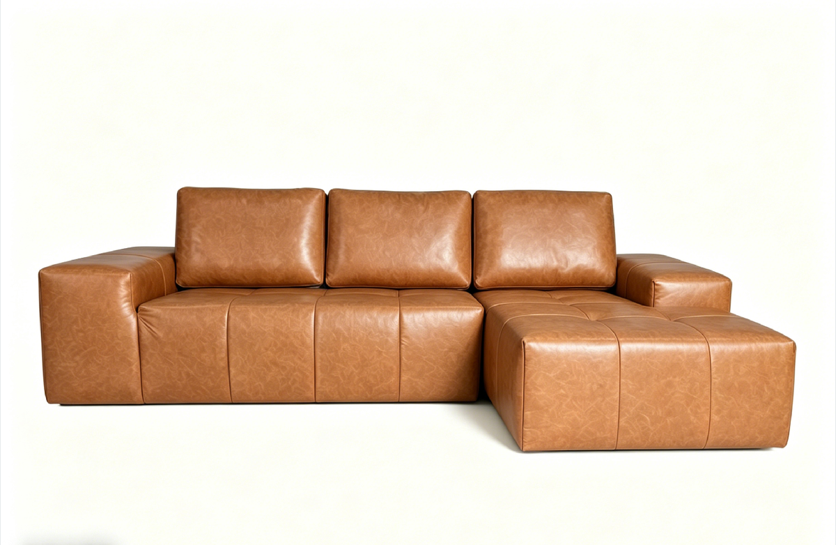 Boneless Couches for Living Room, Brown Faux Leather Cloud Sectional Couches with Chaise, Deep Seat L Shaped Modular Sofa, No Assembly Required Sofas in a Box(Right,Faux Leather,Brown)