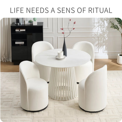 Mid Century Modern Velvet Barrel Chair, 360 Degree Swivel Armless Dining Chair in Cream, Metal and Wood Frame with High-Density Sponge Cushion