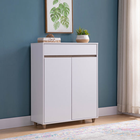 Shoe storage entryway cabinet with one drawer two doors and four shelves beveled edge handle grips white and dark taupe color