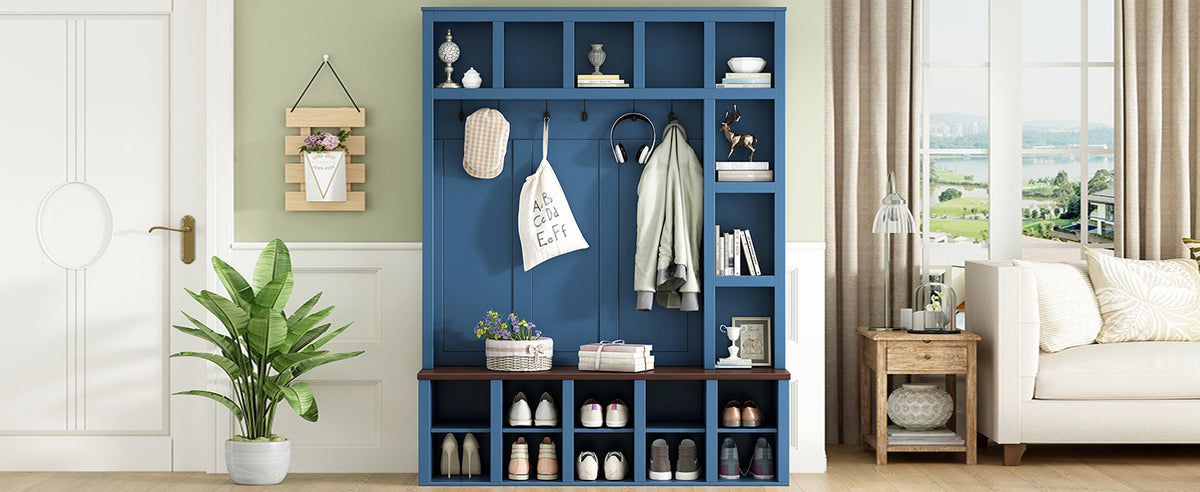 Farmhouse Wooden Hall Tree with 6 Hooks, Walnut Storage Bench with Adjustable Shelves, 4-in-1 Entryway Shoe Cabinet with Cubbies for Mudroom, Living Room, Blue (New Color of N721S000044K-1/B-1)