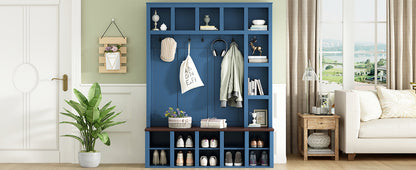 Farmhouse Wooden Hall Tree with 6 Hooks, Walnut Storage Bench with Adjustable Shelves, 4-in-1 Entryway Shoe Cabinet with Cubbies for Mudroom, Living Room, Blue (New Color of N721S000044K-1/B-1)