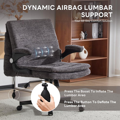 Criss Cross Legged Office Chair with Flip-Up Back Built-In Dynamic Airbag Lumbar Support, Wide Seat Desk Chair with Flip-Up Arms and Wheels, Modern Cross-Leg Chair for Home Office, Vanity,Gray.