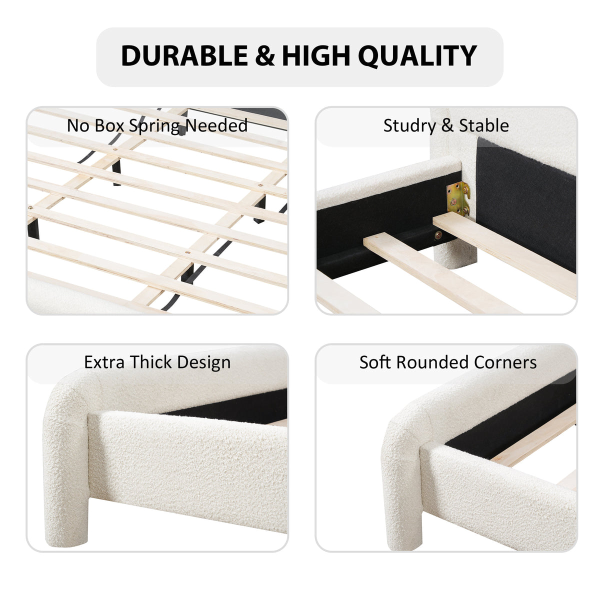Modern White Boucle Upholstered Queen Platform Bed Frame with Curved Headboard, Wood Slats Support, No Box Spring Needed, Easy Assembly