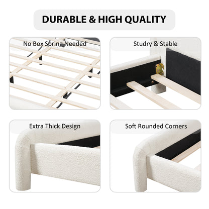 Modern White Boucle Upholstered Queen Platform Bed Frame with Curved Headboard, Wood Slats Support, No Box Spring Needed, Easy Assembly