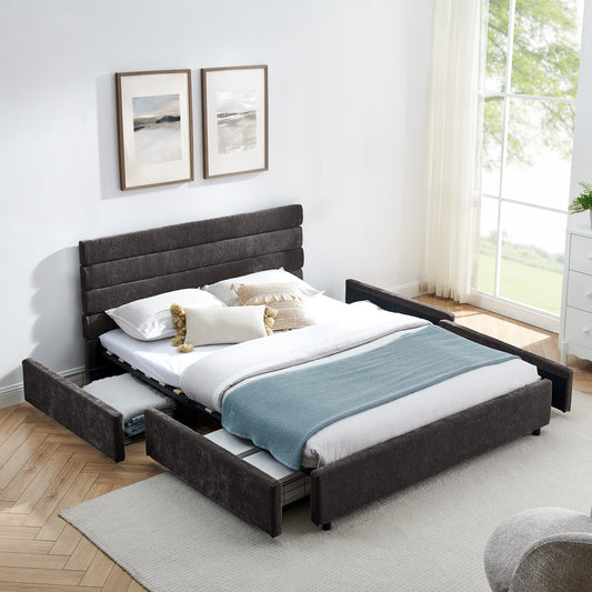 Queen size cushioned bed, comfortable cushioned bed frame, headboard and solid bed frame - Beige (85 'x 66' x 36 ')