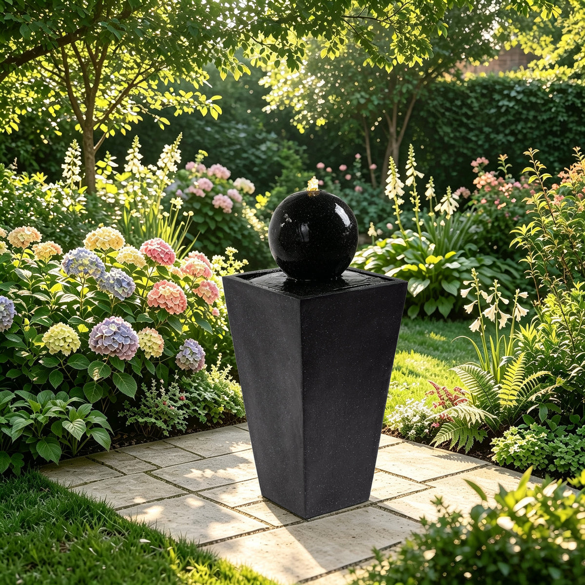 Floor‑Standing Water Fountain, Black Speckled Trapezoid Base Fountain with Smooth Sphere, Warm LED Light for Garden, Patio, Backyard Decor 14''×14''×34''