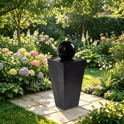 Floor‑Standing Water Fountain, Black Speckled Trapezoid Base Fountain with Smooth Sphere, Warm LED Light for Garden, Patio, Backyard Decor 14''×14''×34''