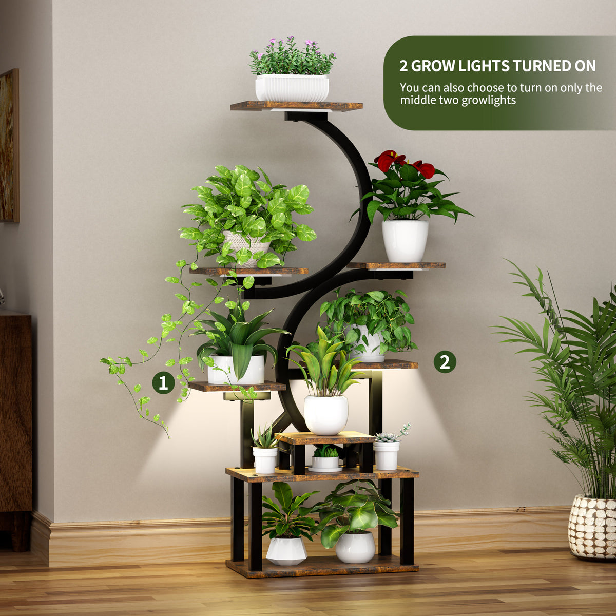 8-Tier Indoor Plant Stand with 5 Grow Lights, Rustic Brown MDF+Metal, 10-Level Dimming, 62-Inch Tall for Living Room or Garden