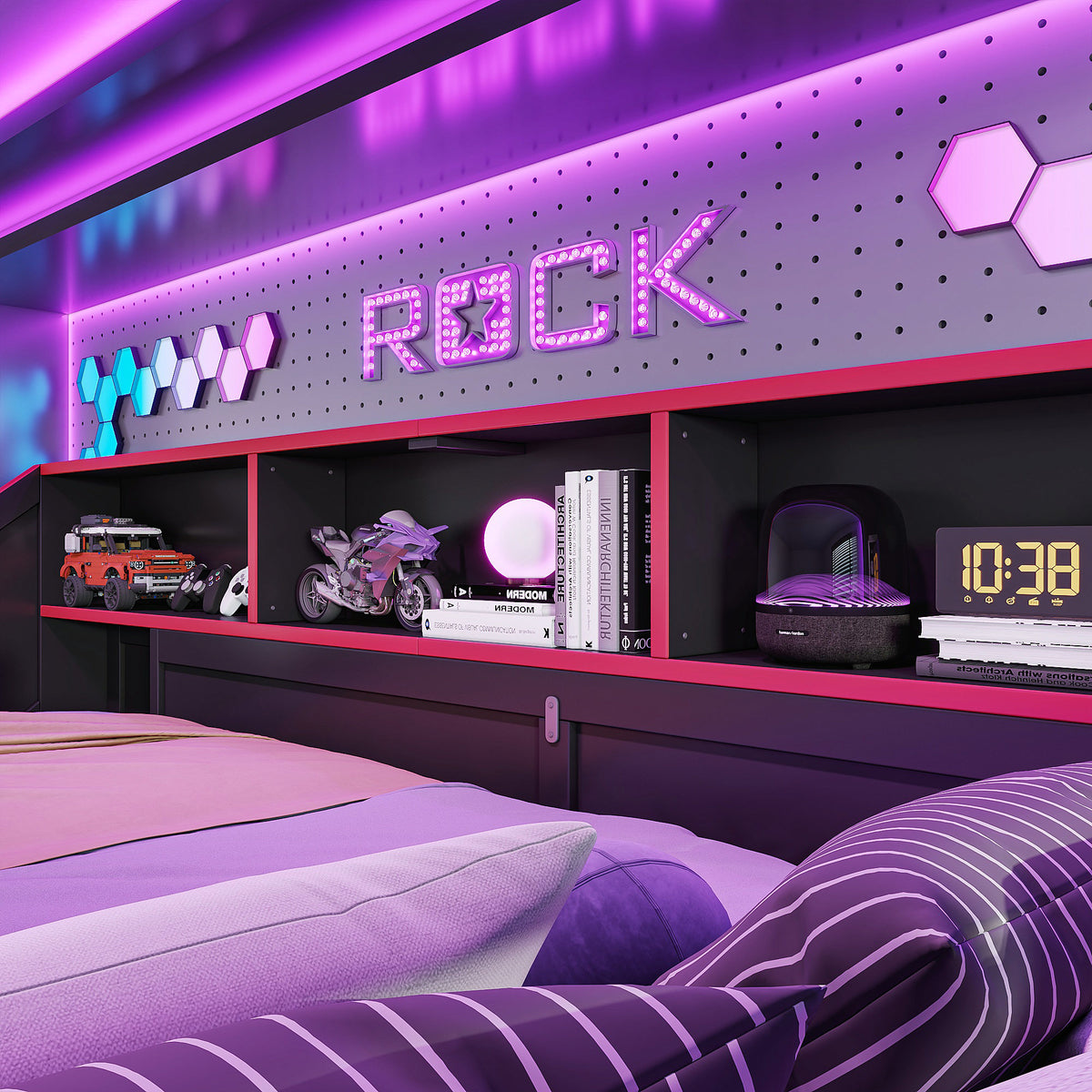 Queen Size Gaming Loft Bed with Storage Stair & Open Headboard Shelves, LED Light & USB Charging Desk, Elevated Loft Bed Frame with House-Shaped Cutout Design for Gamers,Black&Red