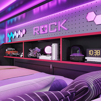 Queen Size Gaming Loft Bed with Storage Stair & Open Headboard Shelves, LED Light & USB Charging Desk, Elevated Loft Bed Frame with House-Shaped Cutout Design for Gamers,Black&Red