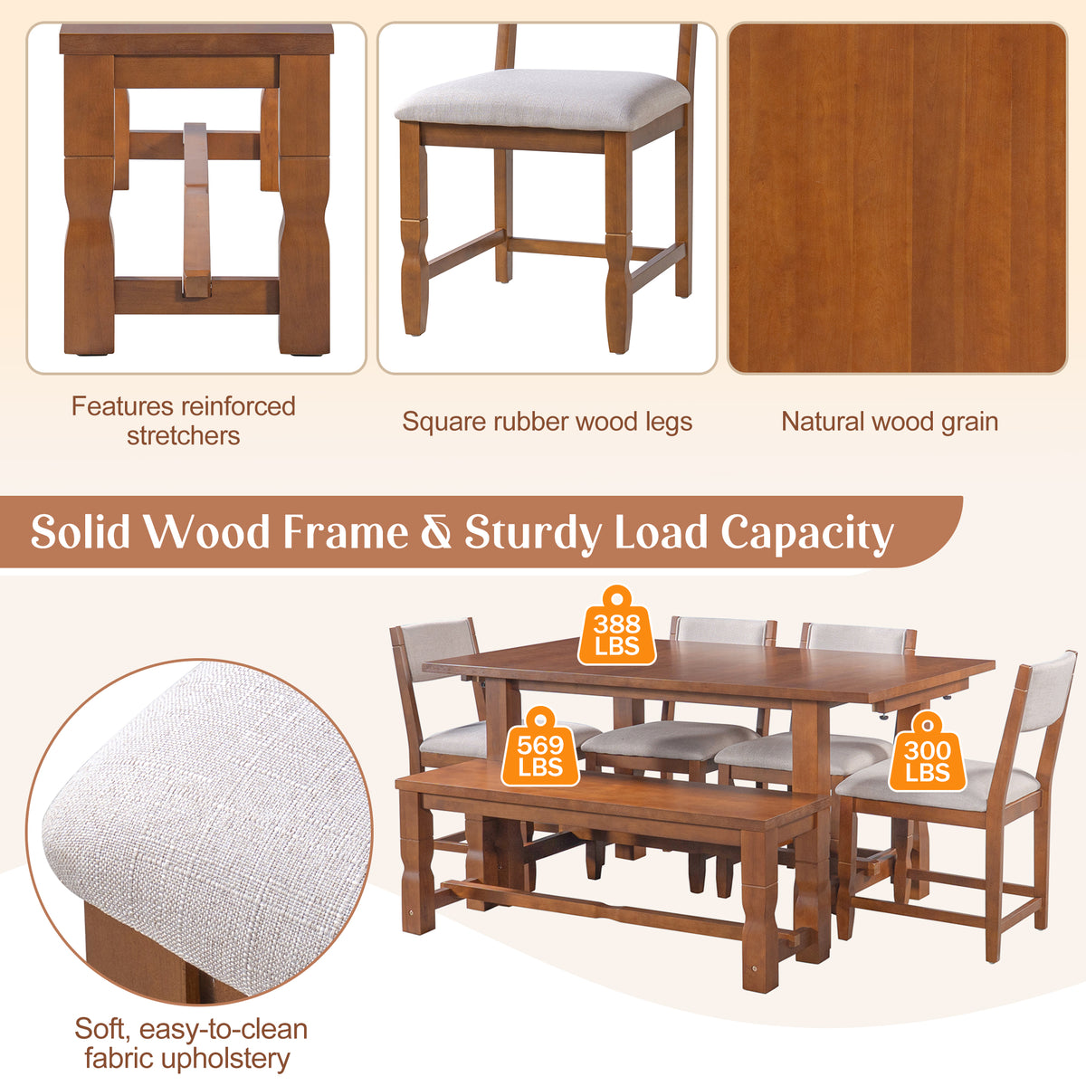 TOPMAX 6-Piece Dining Set with Bench, Extendable Rubberwood Table with 2 Removable Leaves, 4 Padded Chairs and 1 Bench for Kitchen Dining Room, Brown