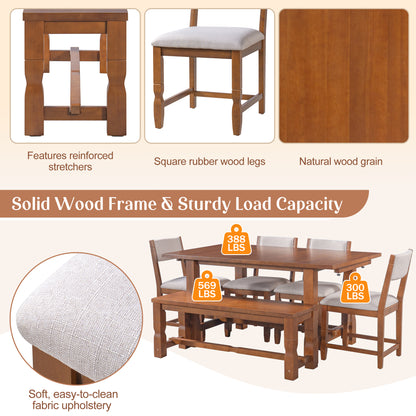 TOPMAX 6-Piece Dining Set with Bench, Extendable Rubberwood Table with 2 Removable Leaves, 4 Padded Chairs and 1 Bench for Kitchen Dining Room, Brown